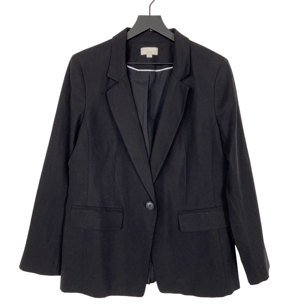 LOFT Linen Blend Modern Blazer Jacket Black Womens Size 14